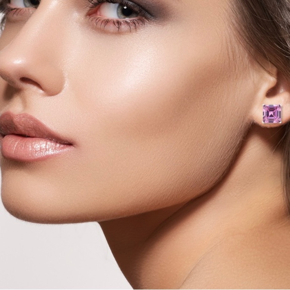 Asher Cut Finest Pink and White CZ Stud Earrings in Sterling Silver. New